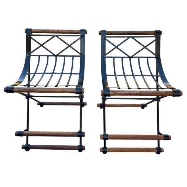 Mid 20th Century Pair of Campaign "X" Wrought Iron and Oak Bar Stools After Cleo Baldon by Continental Metal Furniture Co...