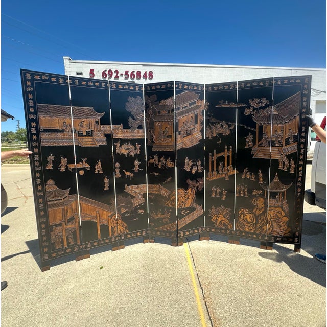 Wood Maitland Smith Coromandel Chinoiserie Eight Panel Screen For Sale - Image 7 of 15