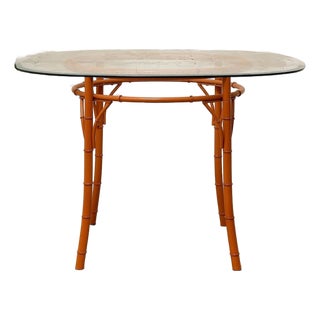 Vintage Bamboo-Style Orange Round Dining Table With Glass Top For Sale