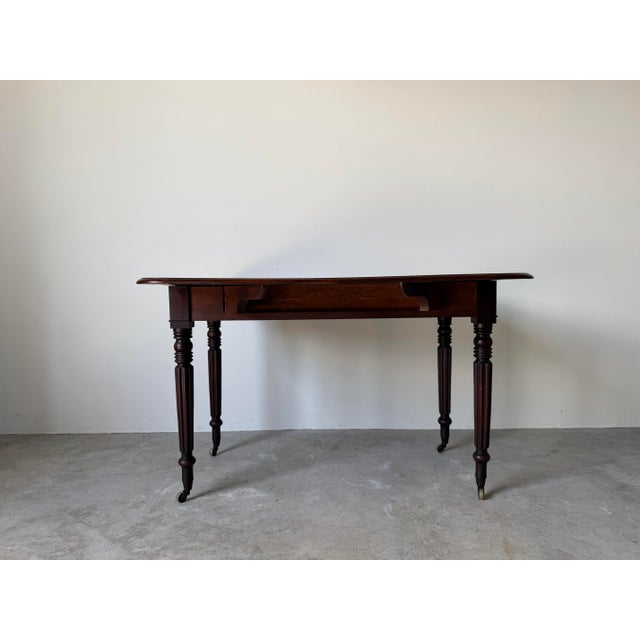 Antique English Regency Solid Mahogany Pembroke Drop-Leaf Table With Drawer & Original Casters For Sale - Image 4 of 12