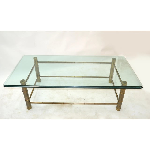 Mastercraft Faux Bamboo Brass & Tinted Beveled Rectangular Glass Coffee Table For Sale - Image 13 of 13