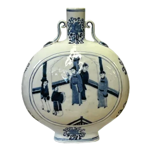 Chinese Blue White Porcelain Oval Flat Body People Theme Vase