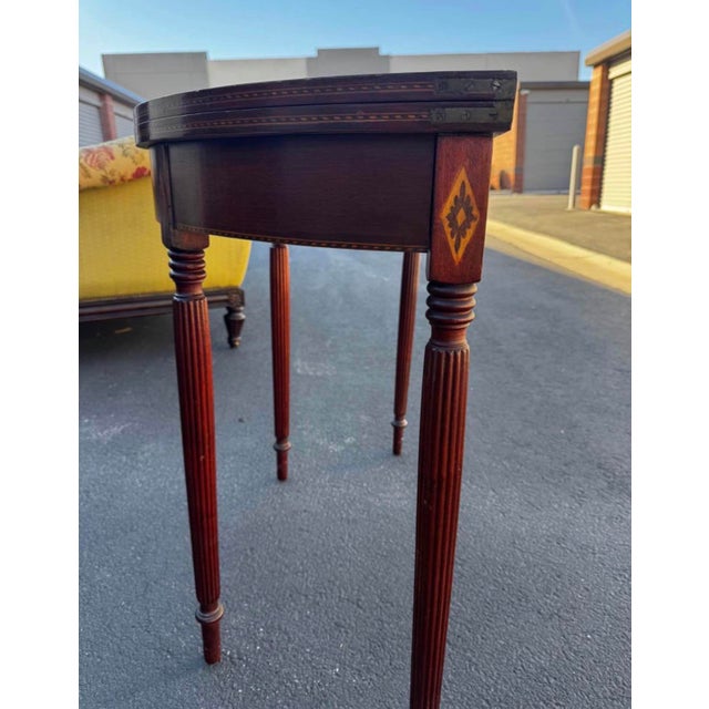 Sheraton-Style Demilune Flip-Top Console / Game Table With Urn Inlay For Sale In Salt Lake City - Image 6 of 6