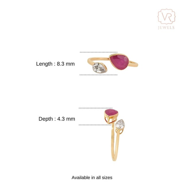 Pear Cut 1.45ct Ruby Diamond Open Face Modern 14k Gold Ring Size 9 For Sale - Image 12 of 18