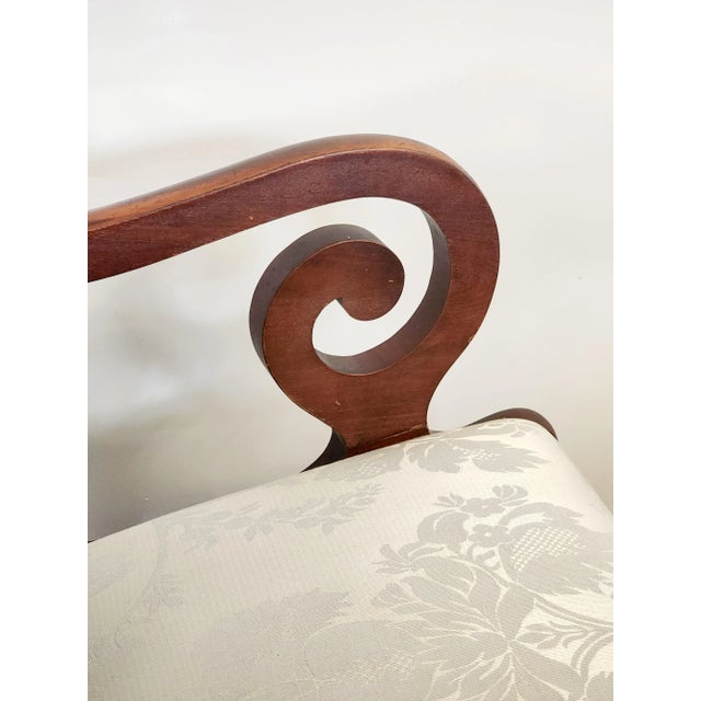 Antique Pair of Scroll Elbow Chairs in the Style of Duncan Phyfe Mahogany Damask Set of 2 For Sale In New York - Image 6 of 16