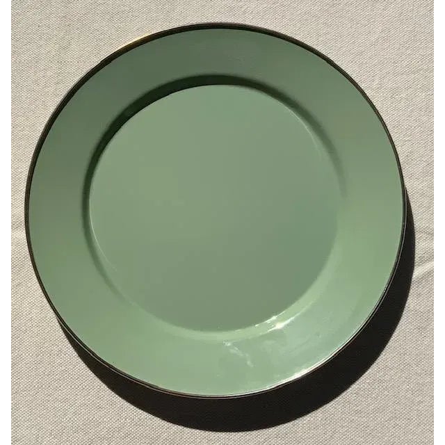MacKenzie-Childs Sage Green Enamel Charger Plate, Handmade Metal Rim, 12", Aurora Ny — Set Available For Sale - Image 15 of 18