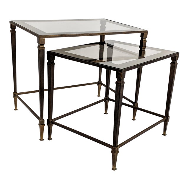 1960s Hollywood Regency Maison Jansen Bronze and Glass Nesting Tables - 2 Pieces For Sale