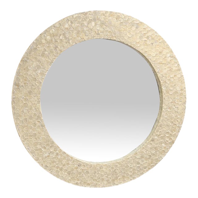 Vintage Capiz Shell Mosaic Round Wall Mirror – 32” Coastal Organic Modern Honeycomb Frame For Sale