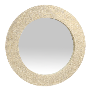 Vintage Capiz Shell Mosaic Round Wall Mirror – 32” Coastal Organic Modern Honeycomb Frame