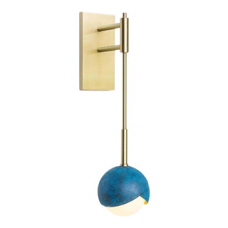 Benedict Wall Sconce in Prussian Blue & Satin Brass with White Opal Glass For Sale