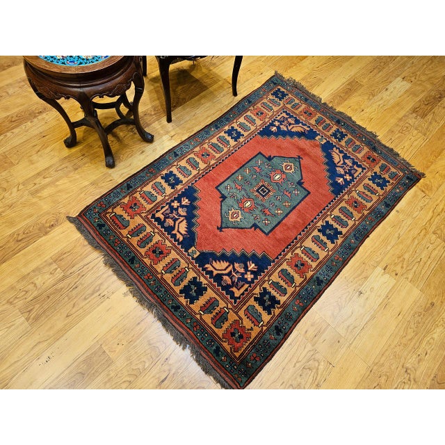 Red Vintage Kurdish Tribal Area Rug, Handwoven Wool, Red Medallion Design, 4' x 5' For Sale - Image 8 of 18