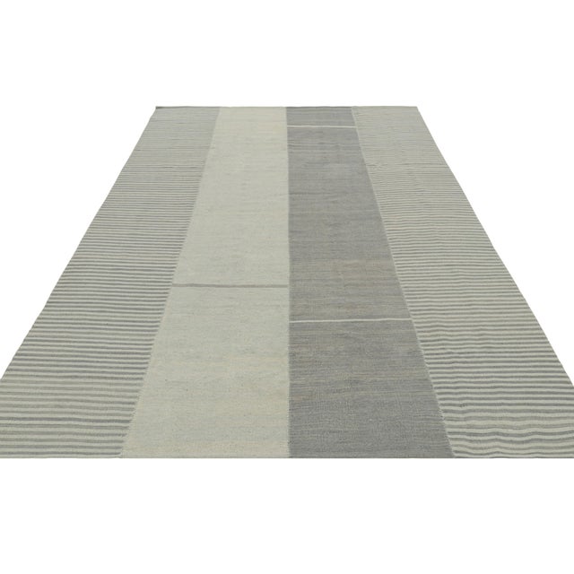 2010s Rug & Kilim’s Contemporary Kilim With Textural Gray, Cream and Blue Stripes For Sale - Image 5 of 7