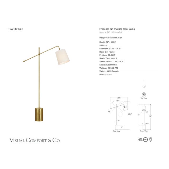 Suzanne Kasler by Visual Comfort Signature Frederick 52" Pivoting Floor Lamp in Hand-Rubbed Antique Brass with Linen Shade...