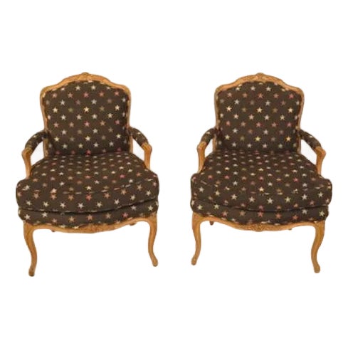 Pair French Louis XIV Fauteuil Open Arm Chairs For Sale