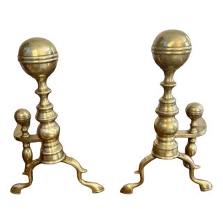 Large 19th Century Brass Fire Dogs, Set of 2 For Sale