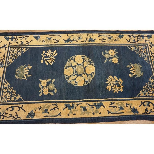 1920s 1920s Antique Medallion Oriental Chinese Blue Wool Rectangle Knotted Small Rug For Sale - Image 5 of 12