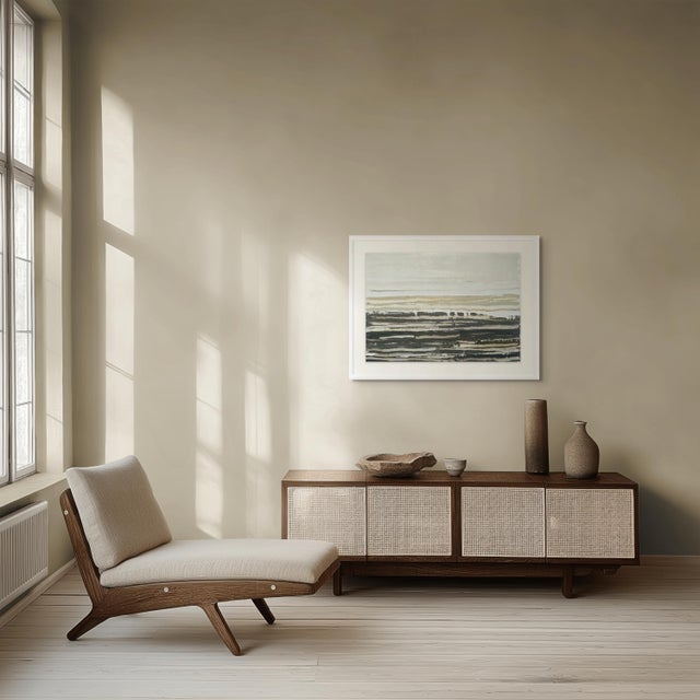 Tan 35.4' X 27.6' High End Shadow Box Framed Contemporary Neutral Color Palette Abstract Seascape / Landscape Original Oil Painting | Color Field For Sale - Image 8 of 9