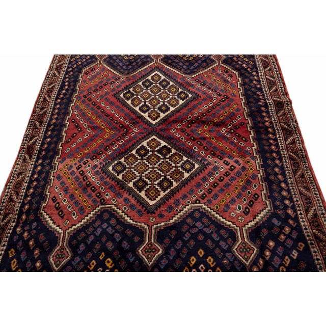 Red Vintage Handmade Shiraz Red Geometric Wool Rug 4'7" X 6'0" For Sale - Image 8 of 11