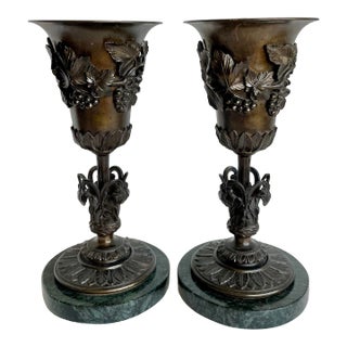 Pair of Antique Bronze and Green Marble Mantle Vases For Sale