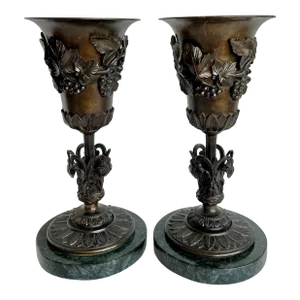 Pair of Antique Bronze and Green Marble Mantle Vases