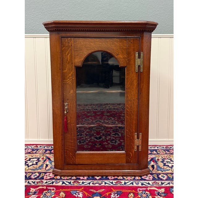 Antique English Corner Cabinet Carved Oak Hanging Wall Cabinet Storage c.1920s For Sale - Image 15 of 18