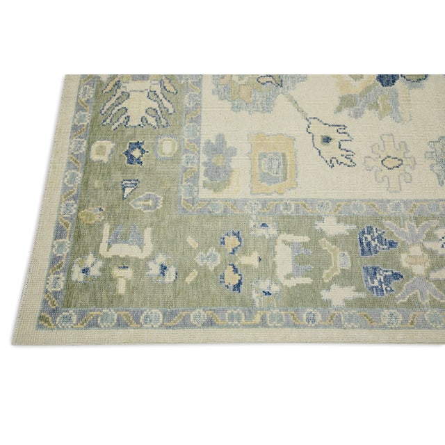 Modern Early 21st Century Green & Blue Floral Design Handwoven Wool Turkish Oushak Rug 5'10" X 8'10" For Sale - Image 3 of 7