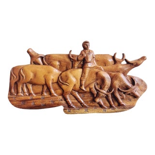 Vintage Thai Water Buffalo Carved Wooden Panel For Sale