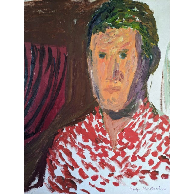 Red Mid-Century Modern Swedish Framed Portrait "Paul", Oil Painting For Sale - Image 8 of 11