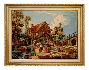 19th Century Victorian Needlepoint Mill River Scene in Gilt Frame