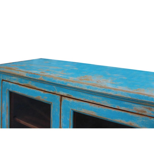Distressed Bright Blue Glass Display Bookcase Curio Cabinet For Sale In San Francisco - Image 6 of 7