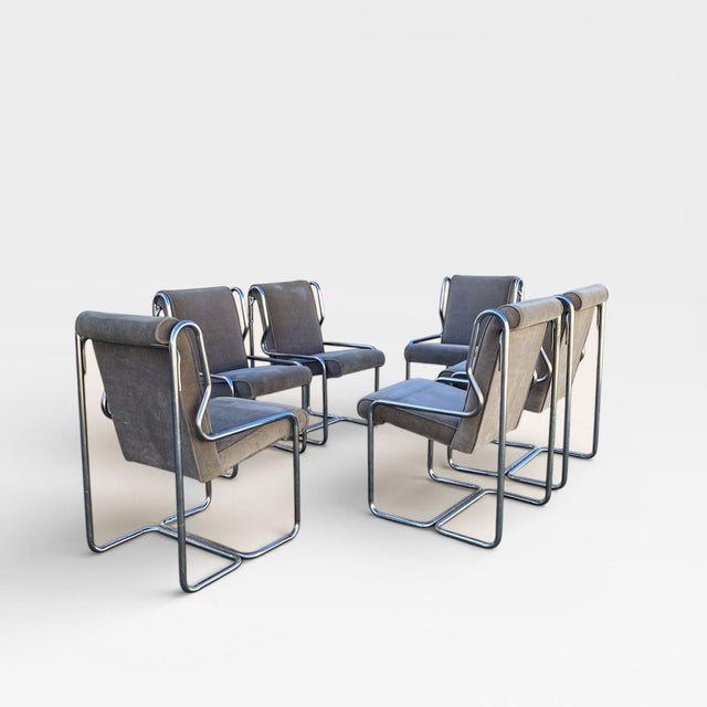 Metal Set of Six 1980s Chrome Cantilever Dining Chairs in Gray Velvet For Sale - Image 7 of 13