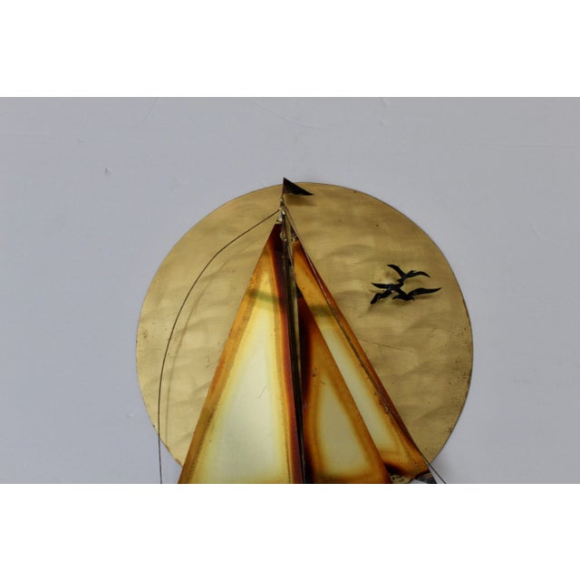 1980s Curtis Jere Style Vintage Mid Century Brass Sun Flying Birds Sailing Boat Wall Decoration Sculpture For Sale - Image 5 of 9