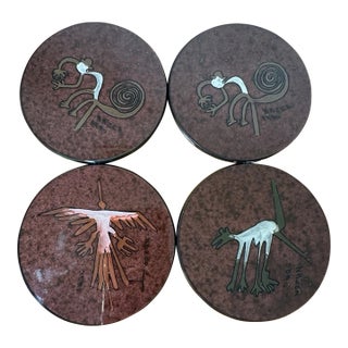 Vintage Nazca Peru Geoglyph Coaster Set Handcrafted Folk Art Monkey Bird Dog - Set of 4 For Sale