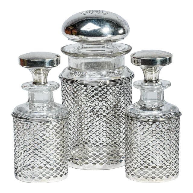 Impressive 3 Piece Antique Crystal Sterling Silver Bottle Jar Vanity Dresser Set For Sale