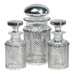 Impressive 3 Piece Antique Crystal Sterling Silver Bottle Jar Vanity Dresser Set