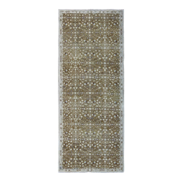 Antique All-Over Design Oushak Rug With Flowers in Ivory and Olive Green For Sale