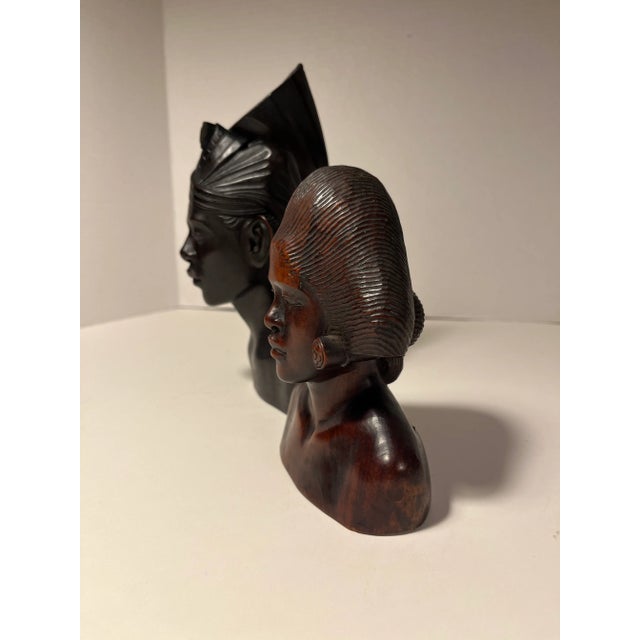 A Pair of Vintage Hand Carved Wooden Indonesian Woman and Man Busts For Sale - Image 4 of 9