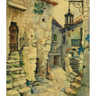 Augustin Faure, Vintage French Watercolor - Village De Provence For Sale