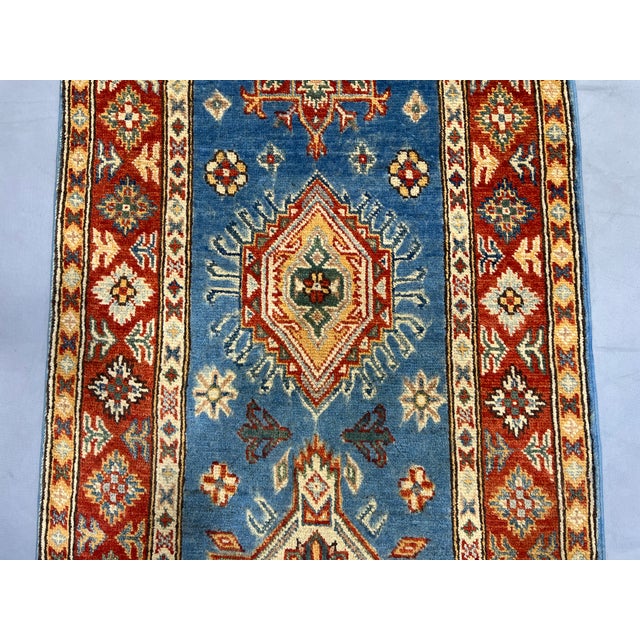 2000 - 2009 Blue and Rust Red Kazak Wool Runner Rug, Tribal Hallway Rug, 2'6" X 10'6" For Sale - Image 5 of 17