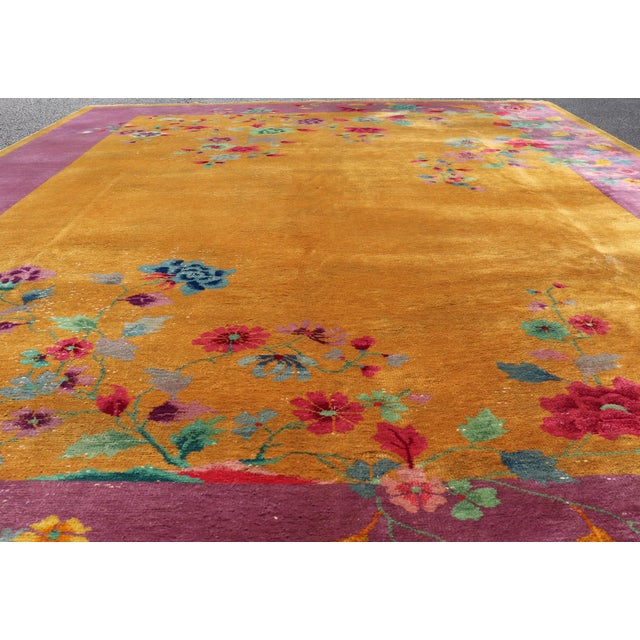 Measures: 8'9 x 11'7 Antique Art Deco Rug in Marigold Field with Plum and Floral Accents. Keivan Woven Arts / rug...