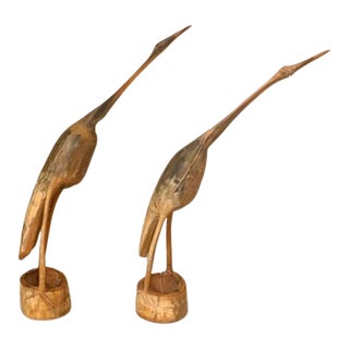 Mid 20th Century Set of 2 Hand Carved Bovine Horn Heron/Crane Sculpture Figureines For Sale