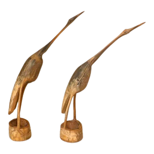 Mid 20th Century Set of 2 Hand Carved Bovine Horn Heron/Crane Sculpture Figureines