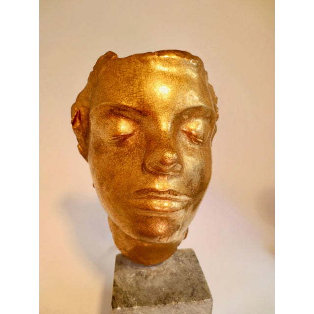 1930s 1930s Vintage Irma Rothstein Gold Cracklure Glaze Face Sculpture For Sale - Image 5 of 6
