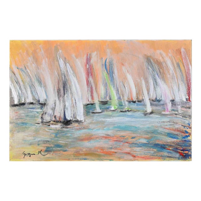 Martine Goeyens, Race on Orange Background, Original Painting, 2020s For Sale