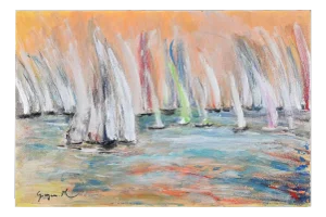 Martine Goeyens, Race on Orange Background, Original Painting, 2020s