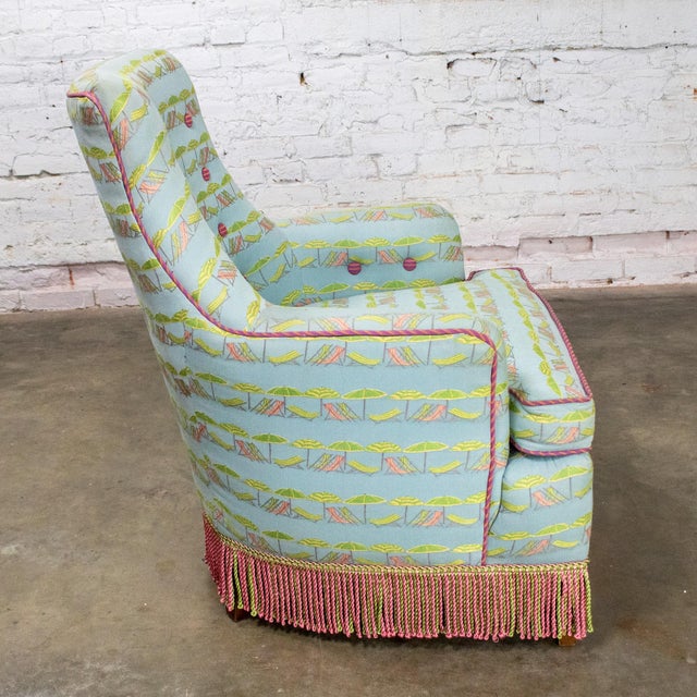 Mid-20th Century Traditional Art Deco Club or Lounge Chair Upholstered W/Beachy Fabric & Bullion Fringe For Sale - Image 4 of 18