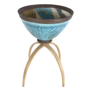 20th Century Sculpture Raku Art Pottery Stoneware Bowl on Stand from Catriona McLeod, 1970s For Sale
