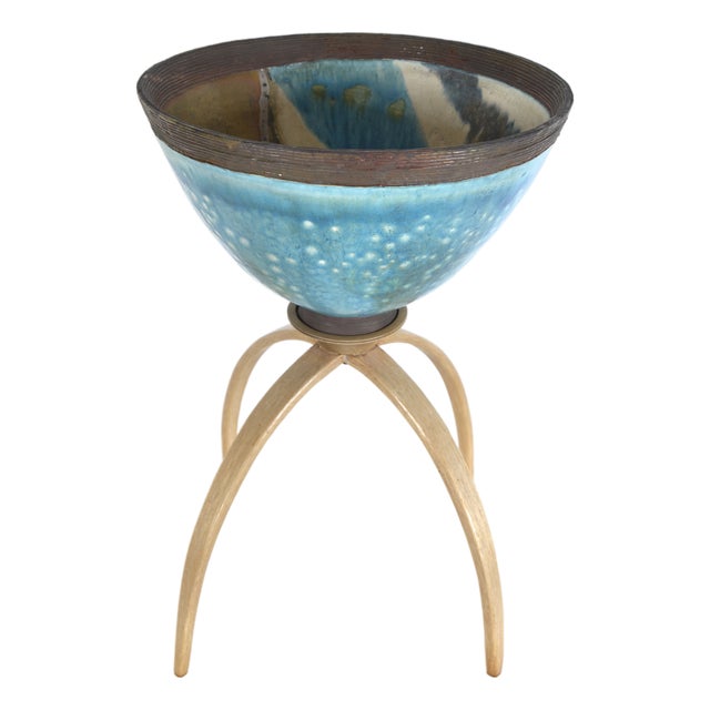 20th Century Sculpture Raku Art Pottery Stoneware Bowl on Stand from Catriona McLeod, 1970s For Sale