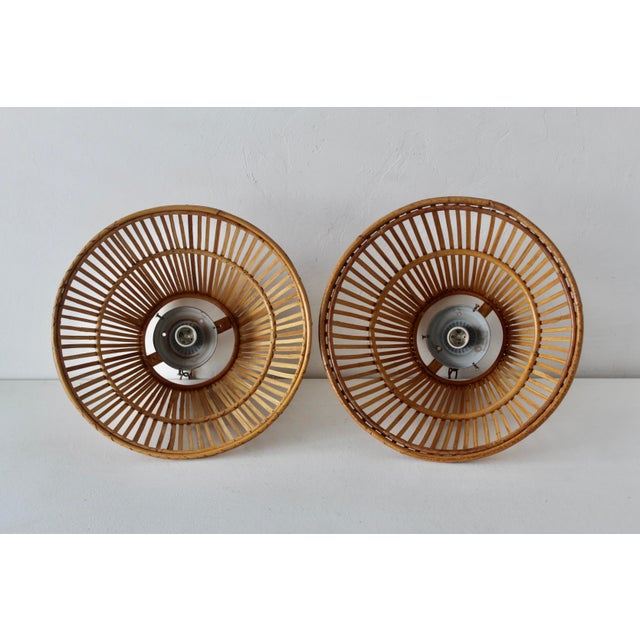 Vintage Handwoven Bamboo Rattan Pendant Swag Style Lamps-a Pair For Sale - Image 4 of 13