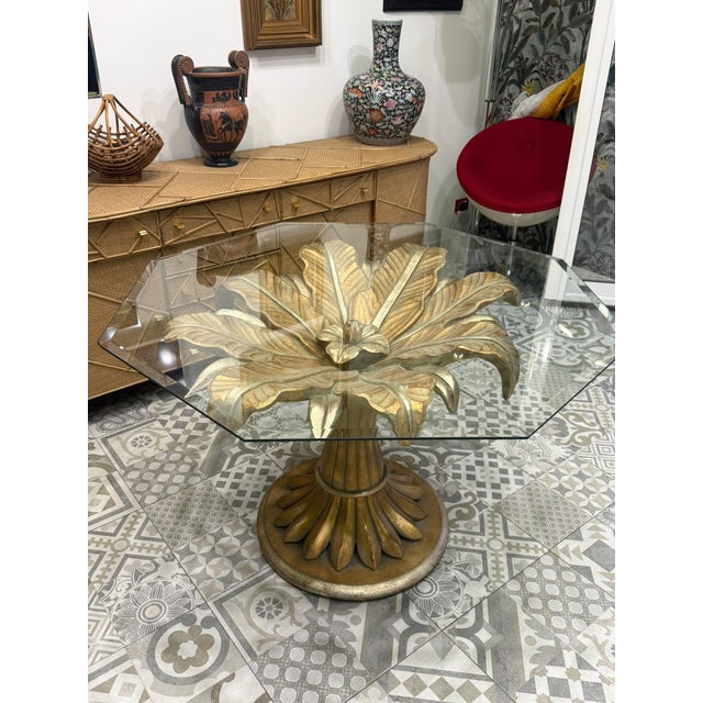 Lotus Flower Dining Table in Wood Carved with Gold Leaf and Octagonal Top in Ground Glass, 1970s For Sale - Image 11 of 11
